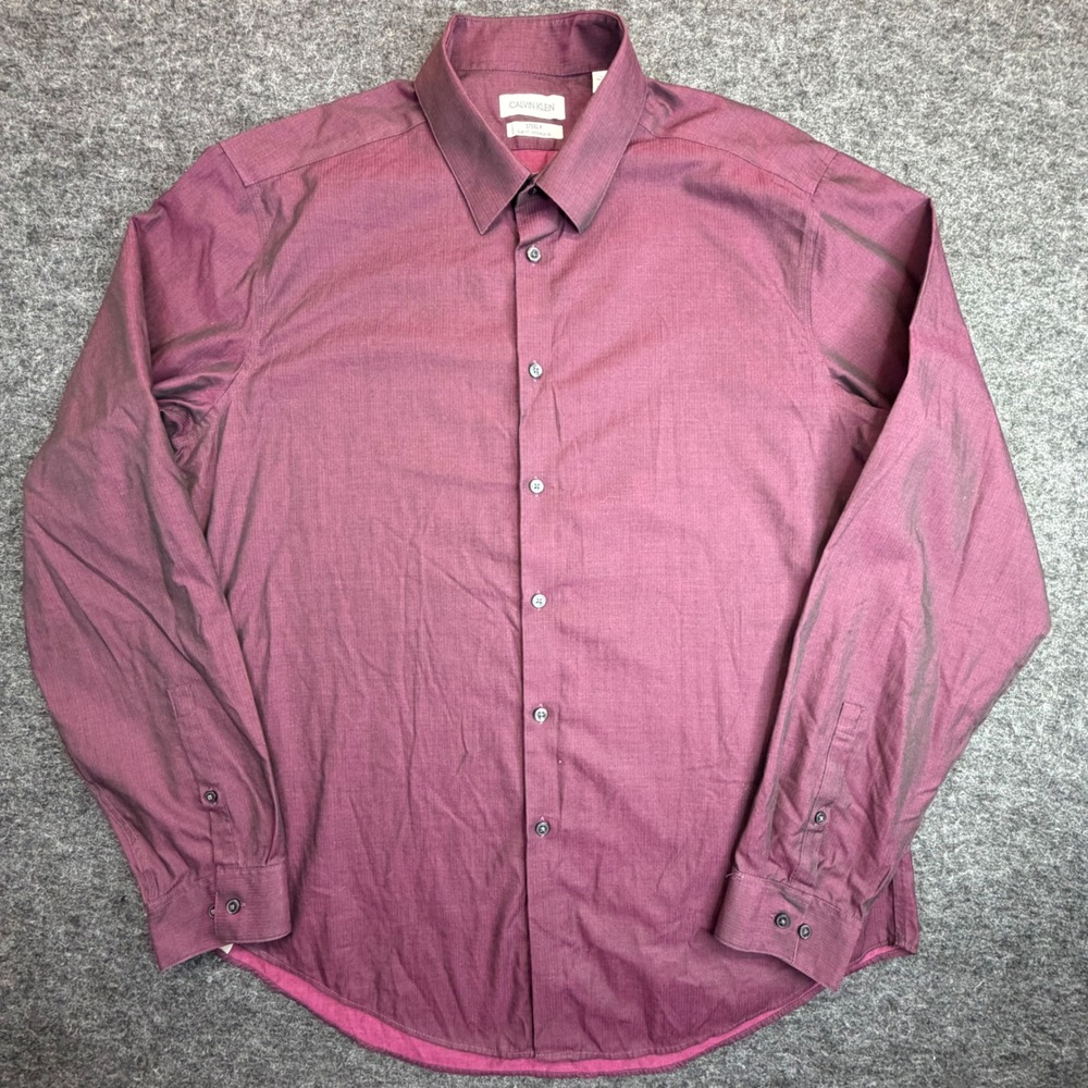 Calvin Klein Dress Shirt Mens XL Purple Steel+ Slim Fit Herringbone Cotton - Picture 2 of 9